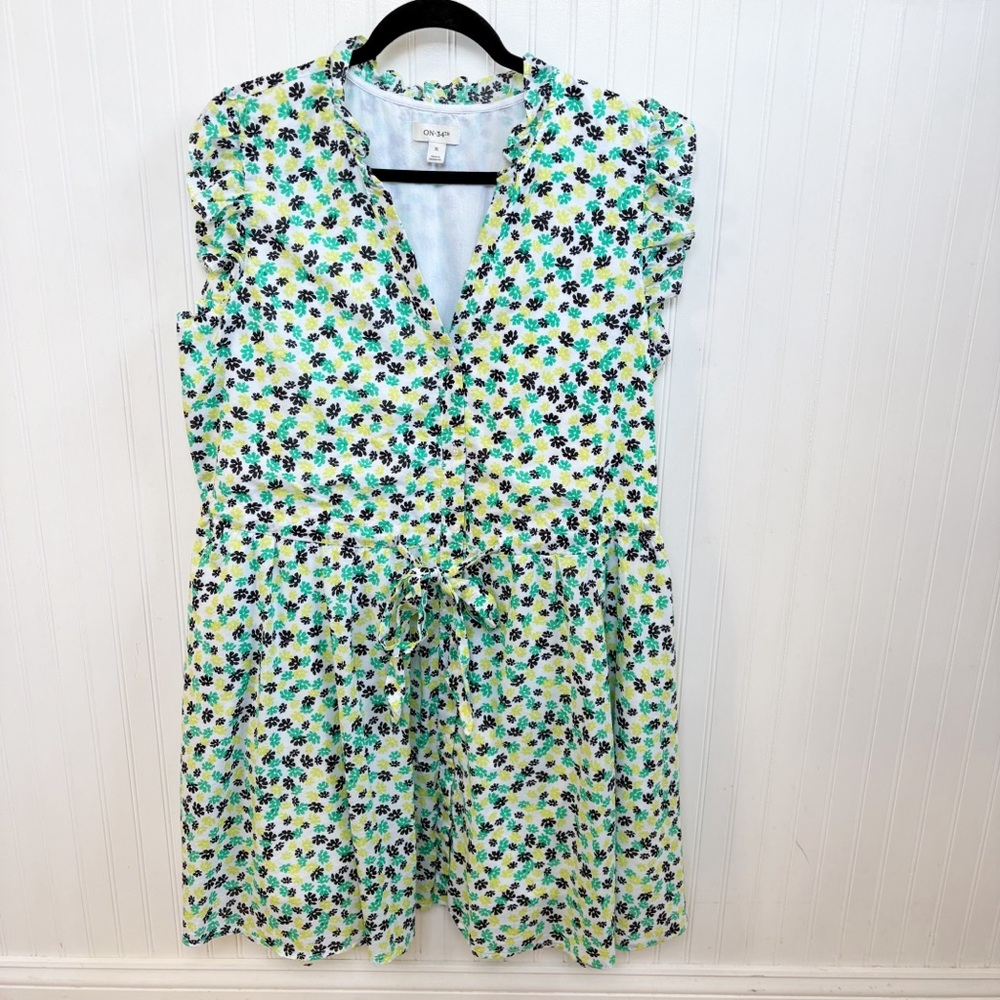 ON 34th White Green & Black Mini Floral Sleeveless Ruffle Trim Dress Size XL